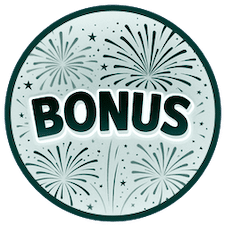 Rund bild i tecknad stil med fyrverkerier i olika nyanser av grönt. I mitten av bilden står det "Bonus". Bilden ska symbolisera att man kan få Paf bonus.