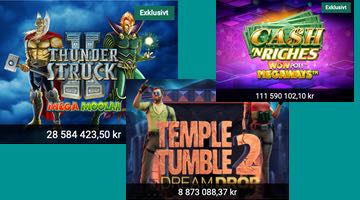 Nya jackpottspelen Thunder Struck 2 Mega Moolah, Cash 'N Riches Wowpot Megaways och Temple Tumble 2 Dream Drop.