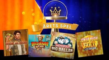 Banner för årets spel hos betsson + bilder på Book of Dead, Big Bass Splash, Big Baller Monopoly och Joker Rush