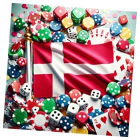 Danska flaggan omgiven av ett hav av spelkort, tärningar och casinomarker