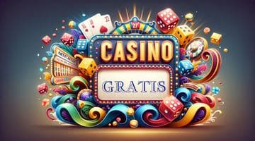 Skylt med texten "casino" och "gratis". Skylten är omringad av tärningar, spelkort och färgglada detaljer.