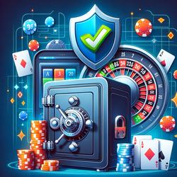 Bild som illustrerar säkerheten hos online casinot LeoVegas. I bilden visas ett kassaskåp, ett säkerhetsemblem och ett hänglås omgärdat av casinomarker och casinospel.