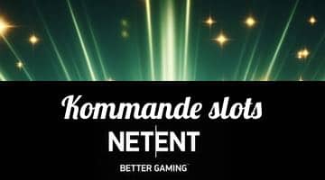 Etikett med texten "kommande slots" och NetEnts logga framför en bakgrund med grönt ljus, stjärnor och strålkastarljus.