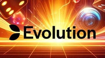 En grafisk bild med ett retro-futuristiskt tema som visar tärningar och orangea ljusstrålar. I förgrunden finns logotypen för "Evolution".