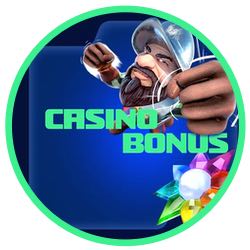 Rund bild med texten "casino bonus". runt texten syns Gonzo från spelet Gonzo's Quest samt Starburst-stjärnan.