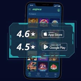 En inforuta visar var man kan hämta hajper appen och vilket betyg appen har fått. I bakgrunden syns Hajpers lobby på en mobilskärm.