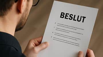 En man sitter och läser på ett papper med rubriken "Beslut". Bilden ska symbolisera någon som tar del av Spelinspektionens beslut om att dela ut varning och sanktionsavgift till Kombilotteriet.