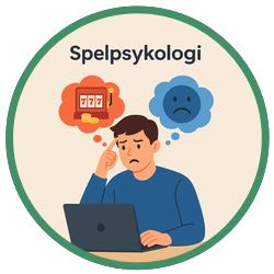 Illustration med rubriken "Spelpsykologi" som visar en man vid en laptop. Han ser fundersam ut och har två tankebubblor ovanför sig: en med en spelautomat och guldmynt, och en med ett ledset ansikte.