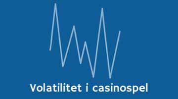 Bild med blå bakgrund som visar ett linjediagram för volatiliteten i ett casinospel. Under diagrammet står texten "Volatilitet i casinospel"