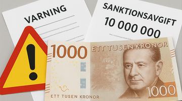 En varningsskylt, ett dokument med texten "Varning", ett annat med texten 2Sanktionsavgift 10 000 000" samt en svensk tusenlapp med porträtt av Dag Hammarskjöld – symboliserar en varning och böter mot Spooniker LTD för bristande kundkännedom.