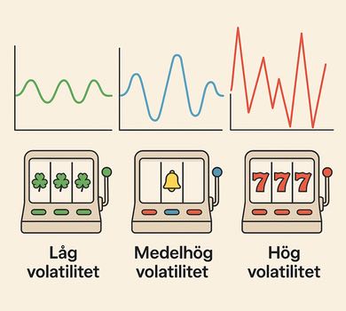 Illustration av volatilitet i casinospel med tre linjediagram. Den första visar låg volatilitet med jämna små svängningar. Den andra visar medelhög volatilitet med något större variationer. Den tredje visar hög volatilitet med kraftiga svängningar. Under varje diagram finns en illustration av en slot med tillhörande text som förklarar diagrammet.
