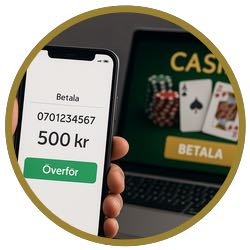 Bild på någon som håller en mobil i handen. På skärmen står det "Överför" och ett belopp på 500 kr. Bilden ska illustrera någon som gör en Swish betalning till casinokontot.