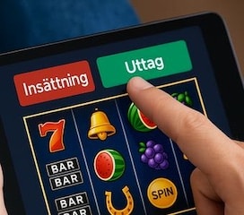 En person spelar casinospel i surfplattan och klickar på uttag för att ta ut pengar
