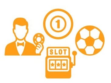 Ikoner för olika spel: Live casino, slot, bingo och betting. Ikonerna är orange och föreställer en bingoboll, en slot, en fotboll och en live dealer med en casino marker i handen