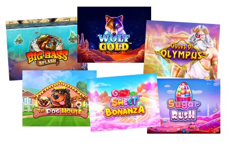 Bild på sex populära slots från Pragmatic Play: Big Bass Splash, Wolf Gold, Gates of Olympus, The Dog House, Sweet Bonanza och Sugar Rush