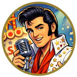 Tecknad bild på Elvis Presley framför en mikrofon. I bakgrunden syns delar av den berömda Las Vegas-skylten.