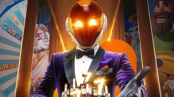 llustration av en maskerad casinovärd i smoking som presenterar en prisstaty i form av en slot, med färgstarka slotspel i bakgrunden