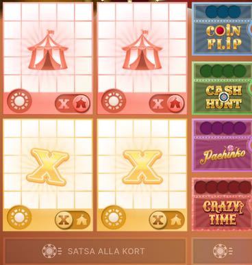 Bild som visar de olika spelbrickorna man kan satsa på i Crazy Balls. Det finns brickor med multiplikator, brickor med friruta och brickor för de fyra olika bonusspelen.