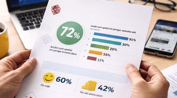 En person sitter vid ett skrivbord i ett hemmakontor och håller i en rapport med grafer och stapeldiagram om spel på den svenska marknaden.