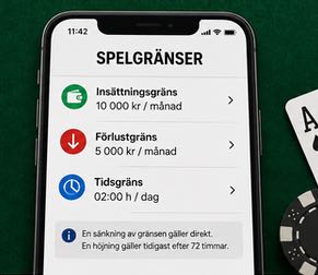 Mobiltelefon som visar spelarens inställningar för spelgränser på ett casino. Information om insättningsgräns, förlustgräns och tidsgräns visas.