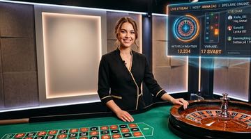 En kvinnlig AI-croupier vid ett roulettebord. Hon bär en svart kavaj med guldkant.